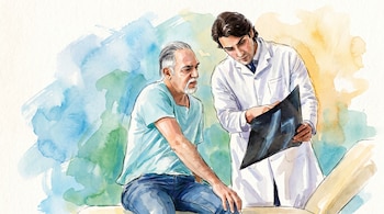 Ilustración en acuarela de un médico con bata blanca mostrando una radiografía a un paciente anciano con barba gris, sentado en una camilla.