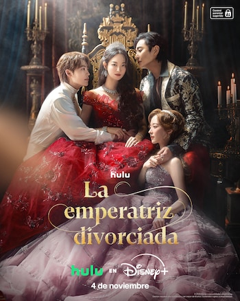 Cartel con cuatro personas vestidas con trajes elegantes junto a un trono y el título La emperatriz divorciada sobre logos de Hulu y Disney+