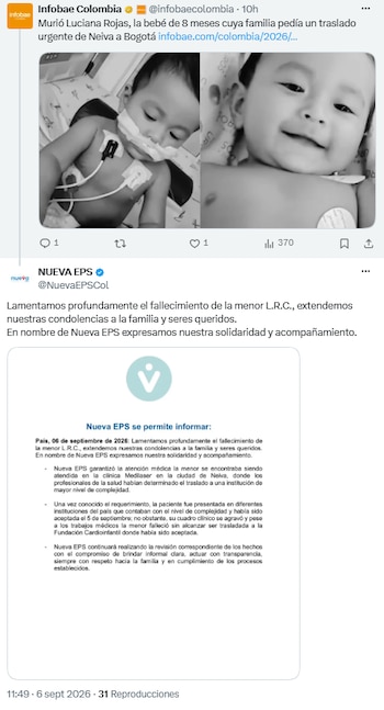 Nueva EPS revisará el caso de Luciana Rojas, fallecida antes de su traslado - crédito @NuevaEPSCol/X