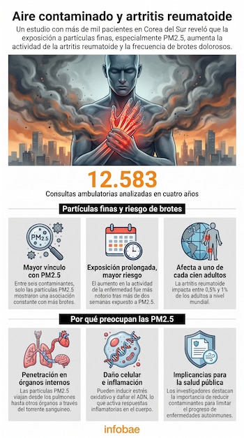 Ilustración de una persona con articulaciones inflamadas y humo, una ciudad al fondo, texto que indica 12.583 consultas y seis paneles informativos.