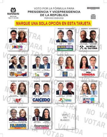 El diseño final del tarjetón presidencial presenta trece fórmulas, tras la declinación de Clara López Obregón y el respaldo de su candidatura a Iván Cepeda - crédito Registraduría