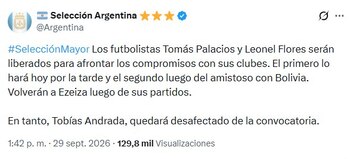 El comunicado de la selección argentina respecto a los cambios en los convocados (@Argentina)