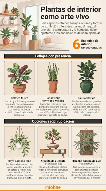 Infografía con ilustraciones de seis plantas en macetas y en un soporte vertical, acompañadas de títulos y textos descriptivos.