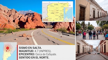 Infografía sobre un sismo con mapas, una carretera agrietada y fotografías de daños en edificios y personas reunidas en una plaza.