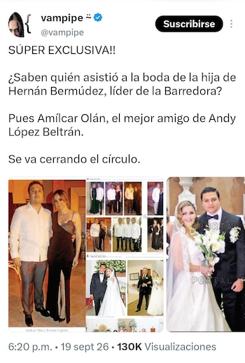 Captura de pantalla de una publicación en la red social X con texto arriba y tres fotografías de una boda en la parte inferior