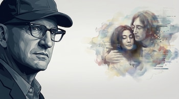 Ilustración digital. A la izquierda, Steven Soderbergh con gorra y gafas, en tonos azules y grises. A la derecha, John Lennon y Yoko Ono difusos y etéreos.
