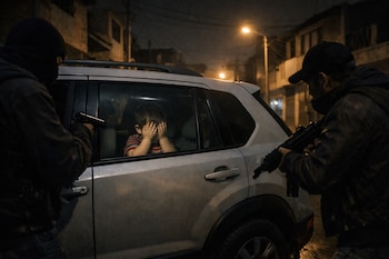 Dos hombres armados apuntan a una camioneta plateada en una calle residencial oscura de Chorrillos; dentro, un niño de dos años se tapa la cara con las manos.