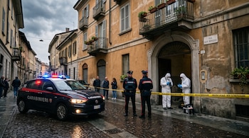 Un patrullero de los Carabineros, dos agentes y dos peritos con trajes blancos frente a un edificio acordonado con cinta de seguridad.
