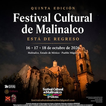 Cartel promocional del Festival Cultural de Malinalco sobre una fotografía nocturna de la iglesia iluminada del Barrio Santa María