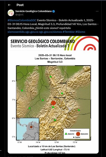Servicio Geológico Colombiano, reportó un