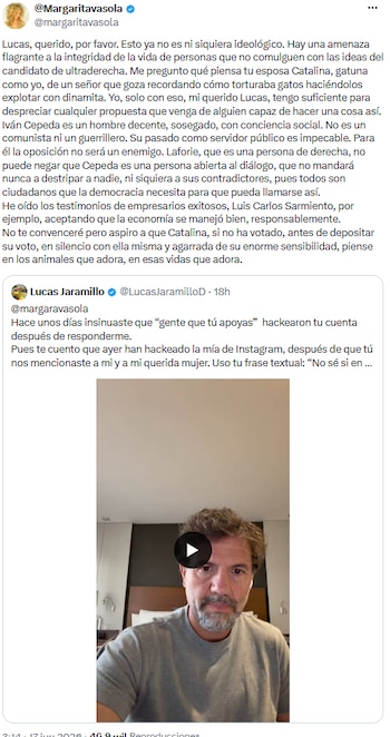 Lucas Jaramillo y Margarita Rosa de Francisco protagonizaron tenso cruce sobre la situación política del país - crédito @margaritavasola/X