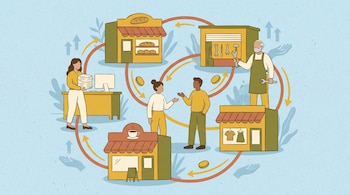 Ilustración de cinco locales comerciales y cuatro personas interactuando, conectados por líneas y flechas, con monedas, flechas ascendentes y manos en el fondo azul.