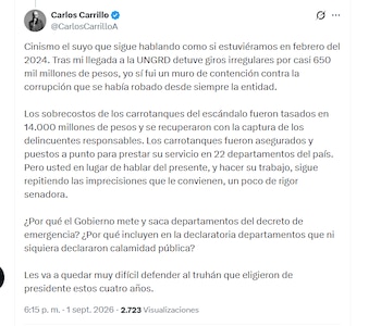 Carlos Carrillo defendió su gestión en la Ungrd para frenar la corrupción - crédito @CarlosCarrilloA/X