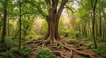 Un gran árbol de tronco robusto y raíces expuestas domina el centro de un bosque denso y frondoso. La luz se filtra suavemente entre el follaje verde.