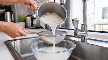 Manos sostienen una olla con arroz blanco y vierten el líquido blanquecino sobre un colador hacia un tazón de vidrio en un fregadero.