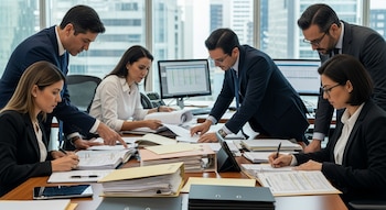 Cinco funcionarios de la Contraloría General, tres hombres y dos mujeres, revisan documentos y expedientes en una mesa de oficina con computadoras.