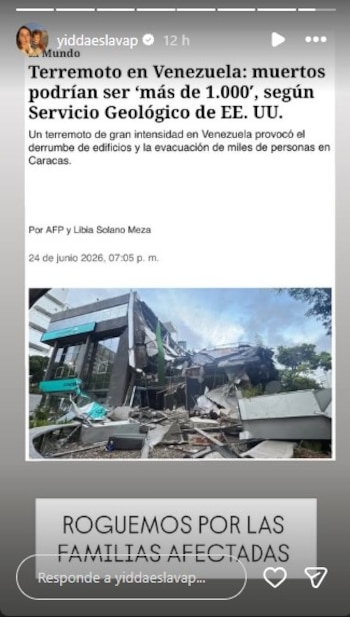 Captura de pantalla de una noticia digital sobre terremoto en Venezuela, con imagen de edificio destruido, escombros y titular sobre las víctimas