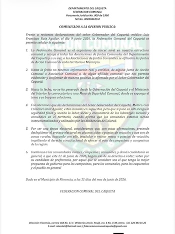 La Federación Comunal del Caquetá afirmó que no conoce hechos ni denuncias que respalden la versión oficial sobre presiones a campesinos para votar - crédito X