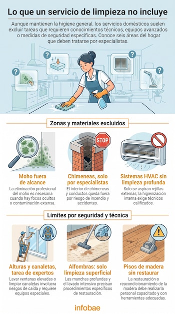 Infografía con una limpiadora en un hogar y seis secciones sobre moho, chimeneas, aire acondicionado, alturas, alfombras y madera.