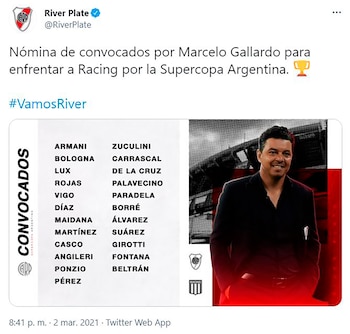 Convocados por Marcelo Gallardo para enfrentar a Racing por la Supercopa Argentina