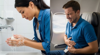 Imagen dividida mostrando a una mujer lavándose las manos con jabón bajo el grifo y a un hombre con dolor estomacal en un asiento de avión junto a la ventanilla.