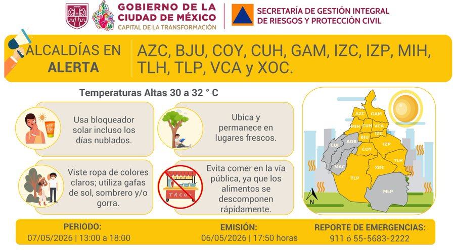 La Secretaría de Gestión Integral de Riesgos y Protección Civil de la Ciudad de México emite una alerta amarilla por temperaturas de 30 a 32 °C en varias alcaldías, con recomendaciones para la población. (X/ @SGIRPC_CDMX)