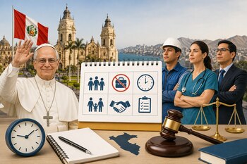 Un pontífice, tres trabajadores, un calendario con pictogramas, un reloj, un mazo judicial y la Catedral de Lima con la bandera peruana al fondo.