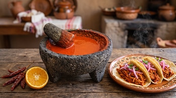 Molcajete de piedra con salsa roja, chiles secos, media naranja y un plato con tres tacos de carne deshebrada con cebolla morada.