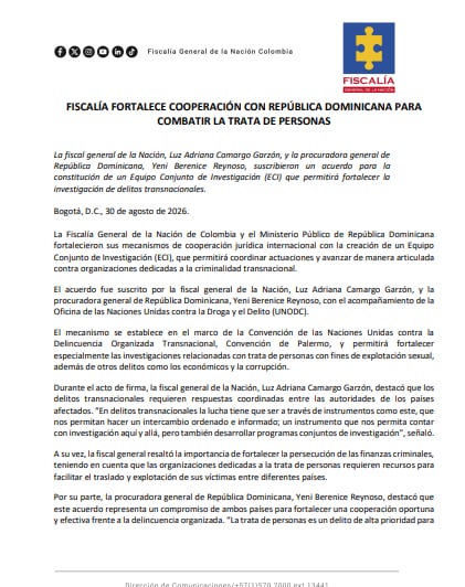 La Fiscalía General de la Nación de Colombia y el Ministerio Público de República Dominicana acordaron constituir un Equipo Conjunto de Investigación (ECI) para coordinar actuaciones y avanzar de forma articulada contra organizaciones dedicadas a la criminalidad transnacional - crédito Fiscalía