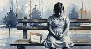 Una imagen de acuarela muestra a una joven mujer sentada en una banca de parque, con la cabeza baja y las manos entrelazadas. A su lado, una carpeta dice 'FENNAM'.
