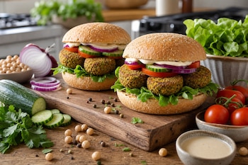 Dos hamburguesas de falafel sobre una tabla de madera con garbanzos sueltos, pepino cortado en rodajas, cebolla morada y tomates.