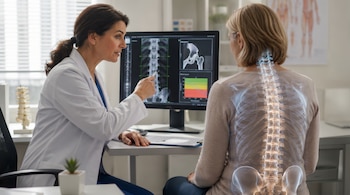 Una doctora señala una radiografía de columna en una pantalla a una paciente, quien tiene una superposición digital de su columna vertebral en su espalda.