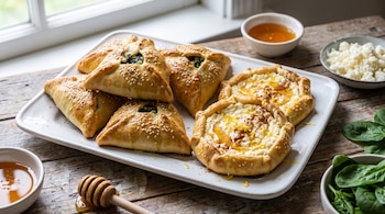 Varias empanadas triangulares y redondas sobre una bandeja blanca, junto a recipientes con miel, queso y espinaca sobre una mesa de madera.
