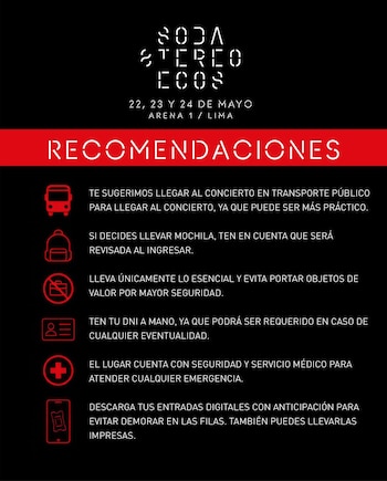 Recomendaciones para el ingreso a los conciertos de Soda Stereo en la Costa Verde.