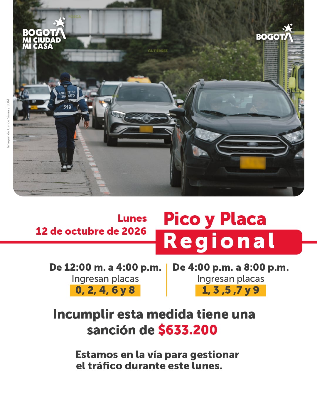 Habrá Pico y placa regional en los nueve corredores de ingreso a la ciudad - crédito Secretaría de Movilidad / X