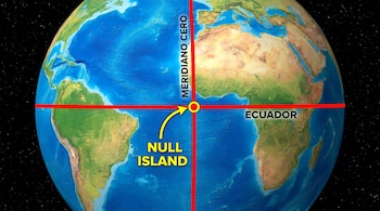 Globo terráqueo con mapa físico que muestra continentes y océanos. Líneas rojas indican el Ecuador y el Meridiano Cero. Flecha amarilla señala NULL ISLAND en su intersección.