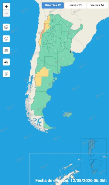 Mapa de Argentina con alertas meteorológicas codificadas por colores, íconos de lluvia, tormenta, nieve, viento y rayo, y pestañas de fecha
