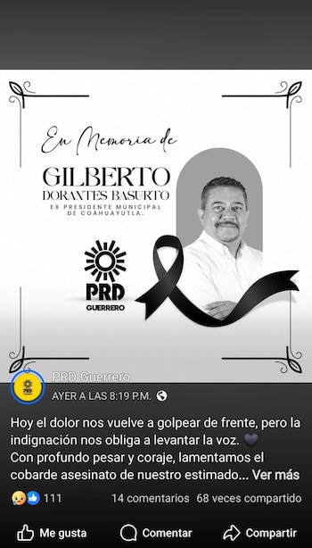 Esquela digital con la foto de Gilberto Dorantes Basurto, el logotipo del Partido de la Revolución Democrática en Guerrero y un moño negro