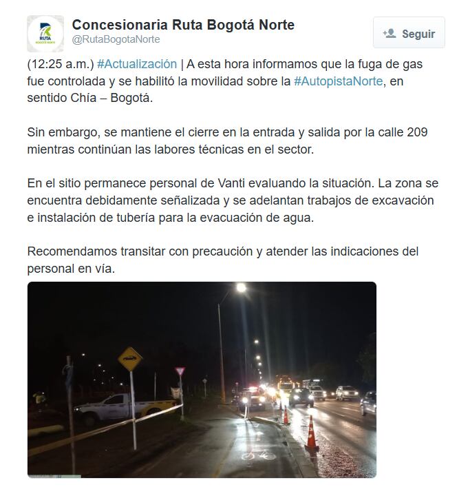 Anuncian habilitación progresiva de la ruta norte en Bogotá, tras el control de la fuga de gas; autoridades mantienen monitoreo preventivo en puntos críticos - crédito Concesionario Ruta Bogotá Norte