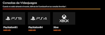 Sección web con el texto Consolas de Videojuegos junto a los logotipos de PlayStation 5, PlayStation 4 y Xbox en fondo negro