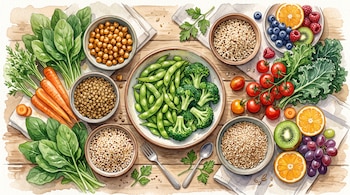 Acuarela de recipientes con edamame, garbanzos, lentejas y cereales junto a espinacas, zanahorias, tomates y frutas variadas.