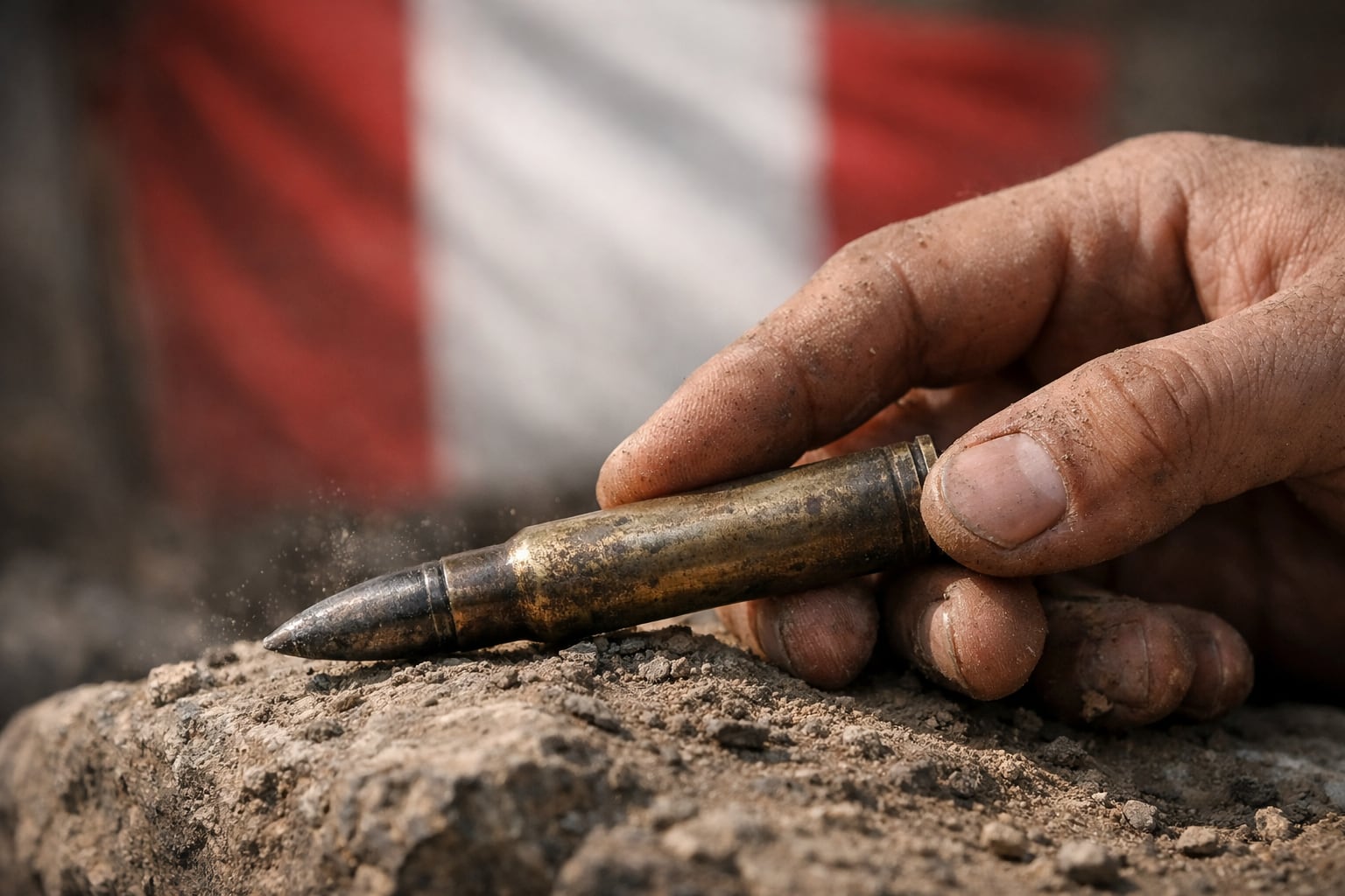 Una mano sucia sostiene un cartucho de fusil antiguo sobre una roca polvorienta, con la bandera de Perú desenfocada de fondo, evocando un momento de resistencia histórica. (Imagen Ilustrativa Infobae)