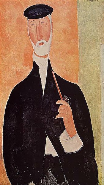 Pintura de Modigliani que muestra a un hombre de mediana edad con barba blanca, gorra negra y traje oscuro, sosteniendo una pipa en su mano