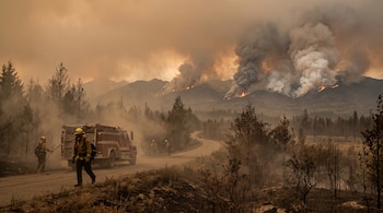 Bomberos con un camión en una carretera con denso humo y montañas incendiadas al fondo.