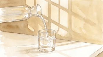 Ilustración de una jarra de vidrio vertiendo agua clara en un vaso sobre una superficie clara, con reflejos de luz en el fondo, estilo acuarela.