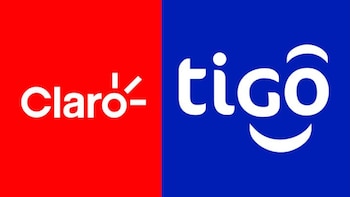 Logotipo de Claro en blanco sobre fondo rojo, y logotipo de Tigo en blanco sobre fondo azul con un punto en la 'i' y un símbolo de sonrisa