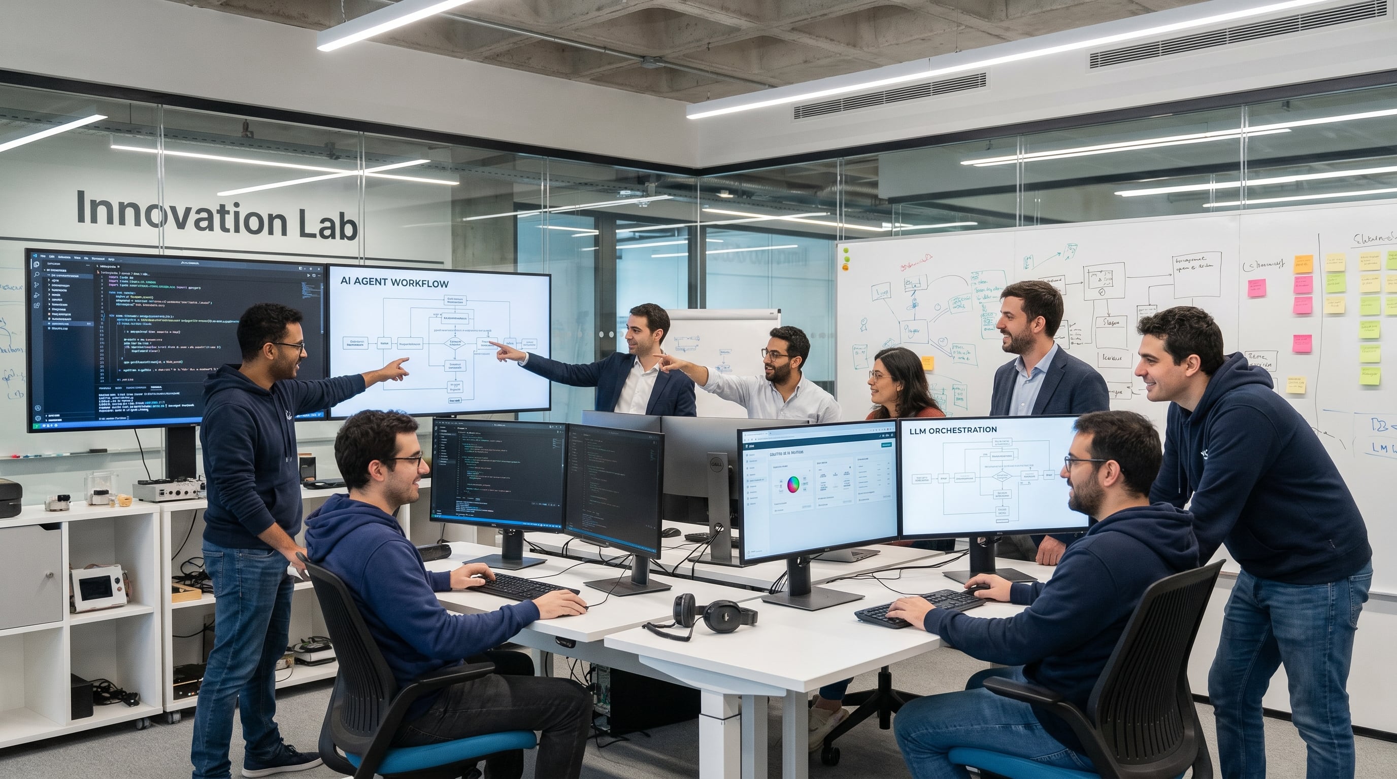 Un equipo de desarrolladores colabora en una sala de innovación, trabajando en agentes de inteligencia artificial con pantallas mostrando código, modelos de lenguaje y diagramas de automatización. (Imagen Ilustrativa Infobae)