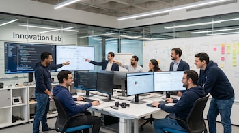 Ocho desarrolladores trabajan en un Laboratorio de Innovación, con pantallas grandes que muestran código y diagramas de flujo de IA. Dos están sentados, otros de pie colaborando.