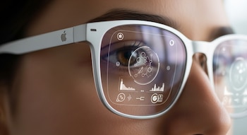 Primer plano de una persona con gafas inteligentes de color blanco con el logo de Apple en la patilla, mostrando gráficos y datos holográficos en las lentes.