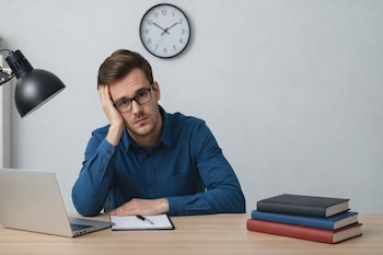 Hombre con camisa azul y gafas, sentado en un escritorio de madera con un portátil, una lámpara, un cuaderno y tres libros apilados. Un reloj cuelga detrás.